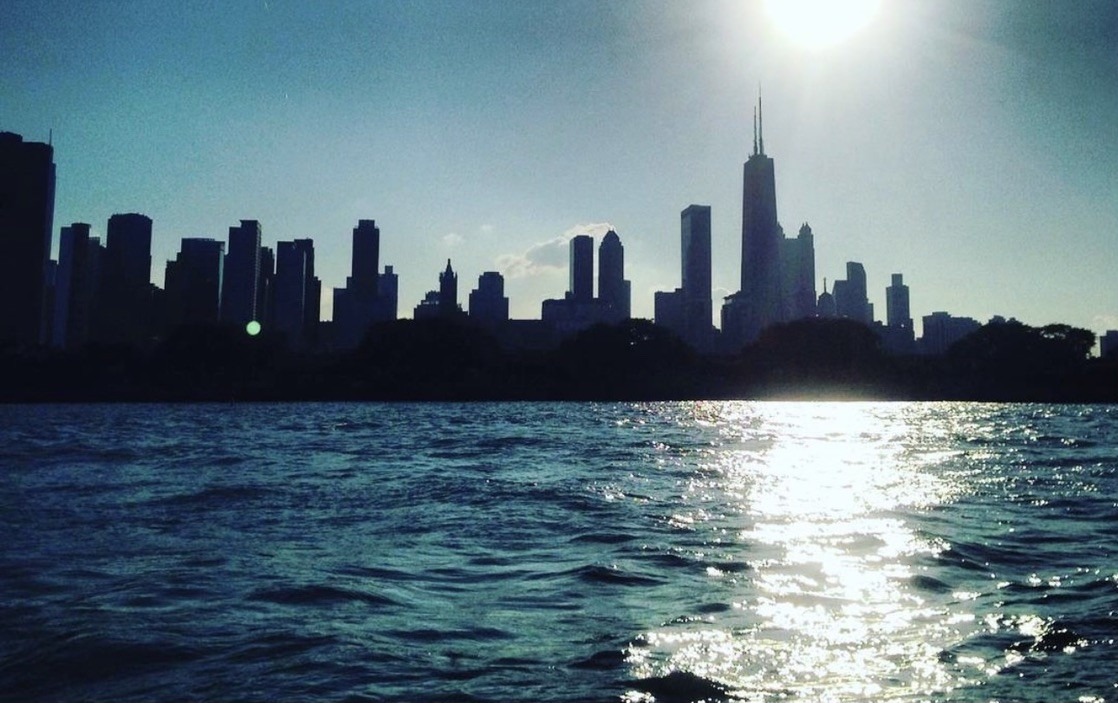Chicago skyline over the water.